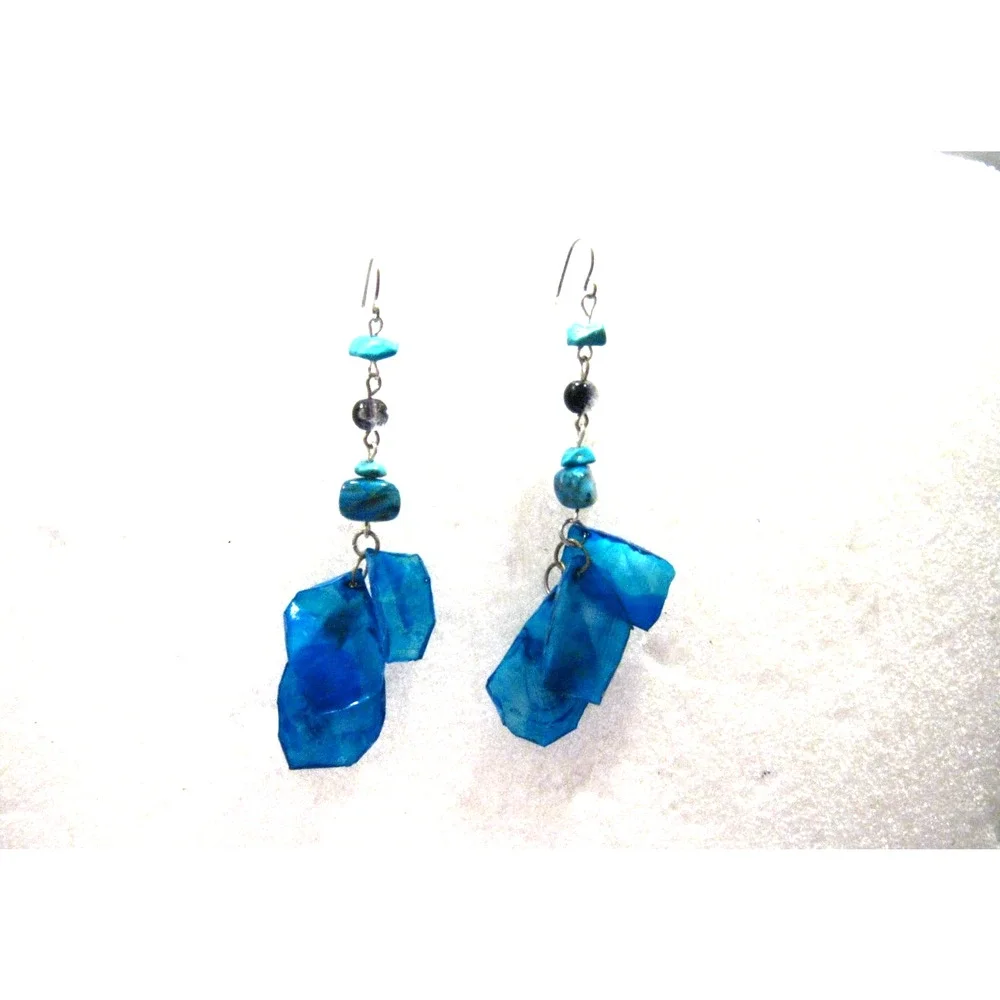 Genuine Turquoise Gemstone Blue Feather style Acrylic Long Drop Earrings 3 inch